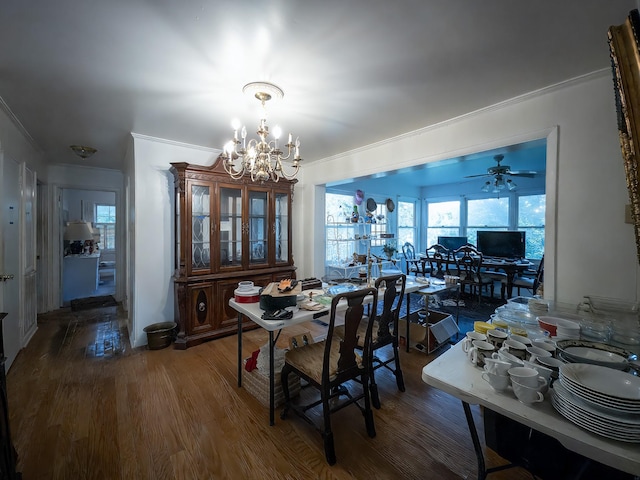 204 Fisher Ave, Carthage, TN 37030 - dining space with ornamental molding, a chandelier, wood finished floors, healthy amount of natural light, and ceiling fan