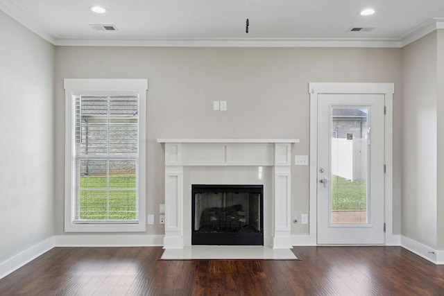 1412 Wrangler Ln, Smyrna, TN 37167 - unfurnished living room featuring ornamental molding, dark wood-type flooring, a fireplace with flush hearth, and recessed lighting