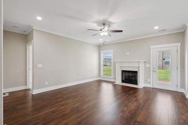 1412 Wrangler Ln, Smyrna, TN 37167 - unfurnished living room featuring ceiling fan, dark wood-style floors, crown molding, a fireplace with flush hearth, and recessed lighting