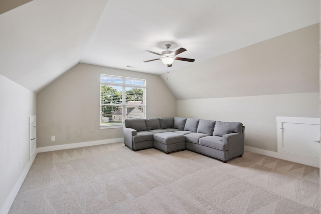 1412 Wrangler Ln, Smyrna, TN 37167 - living area with light colored carpet, vaulted ceiling, and ceiling fan