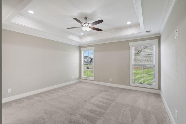 1412 Wrangler Ln, Smyrna, TN 37167 - spare room featuring a raised ceiling, crown molding, light carpet, a ceiling fan, and recessed lighting