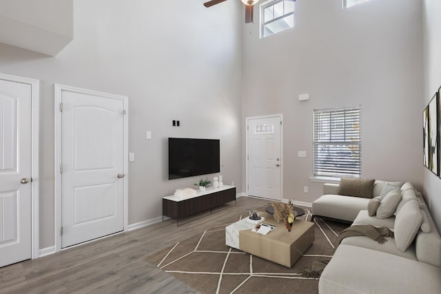 215 Ruth Way, Spring Hill, TN 37174 - living room with a high ceiling, a ceiling fan, and wood finished floors