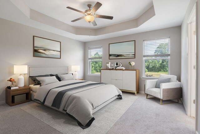 215 Ruth Way, Spring Hill, TN 37174 - bedroom with light colored carpet, a tray ceiling, and a ceiling fan