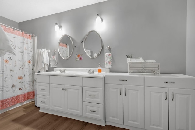 109 Saint Margarett Cir, Columbia, TN 38401 - bathroom with double vanity, wood finished floors, and a shower with shower curtain