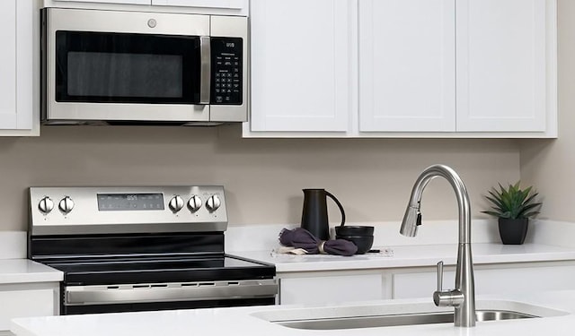 1768 Williamsport Lndg, Columbia, TN 38401 - kitchen view of stainless steel microwave, range with electric stovetop, white cabinets, and light countertops
