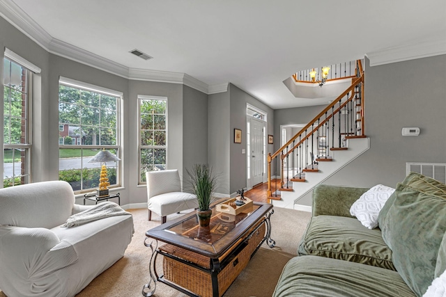 205 Seneca Ct, Franklin, TN 37067 - living area featuring a chandelier, carpet, stairs, and ornamental molding