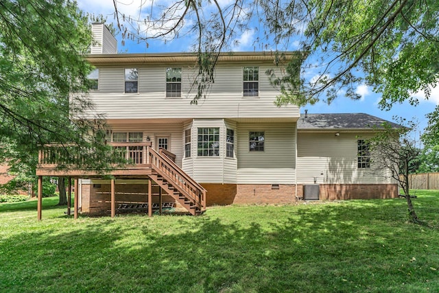 205 Seneca Ct, Franklin, TN 37067 - rear view of house featuring stairway, a deck, a lawn, crawl space, and a chimney
