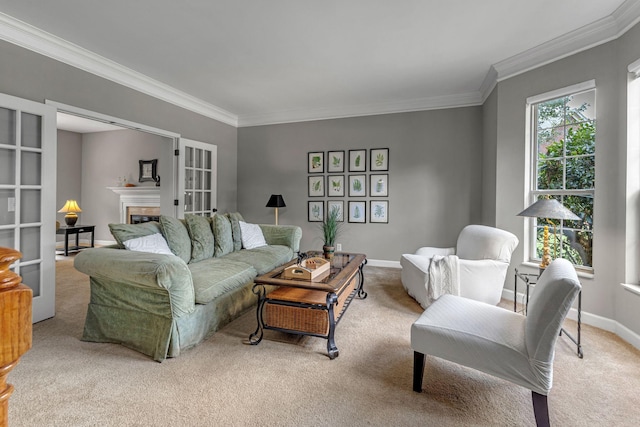 205 Seneca Ct, Franklin, TN 37067 - living room featuring carpet flooring, crown molding, and a fireplace