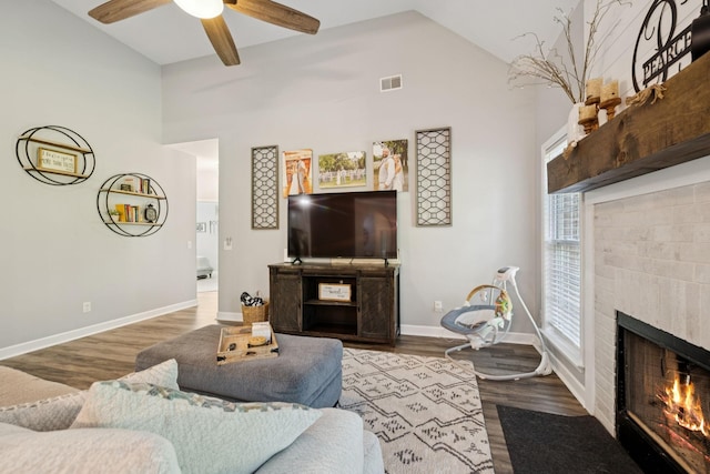 163 Bland Dr, Mount Juliet, TN 37122 - living room featuring a fireplace, wood finished floors, ceiling fan, and high vaulted ceiling