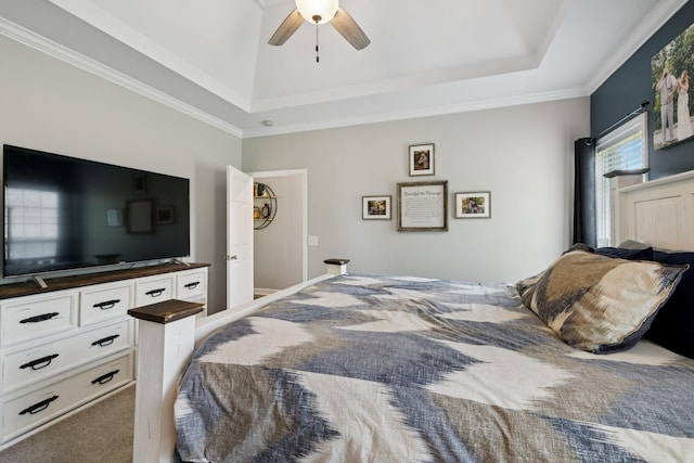 163 Bland Dr, Mount Juliet, TN 37122 - carpeted bedroom featuring a tray ceiling, crown molding, and ceiling fan