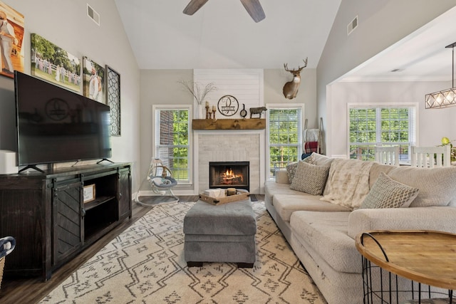 163 Bland Dr, Mount Juliet, TN 37122 - living area featuring a ceiling fan, wood finished floors, a brick fireplace, and high vaulted ceiling