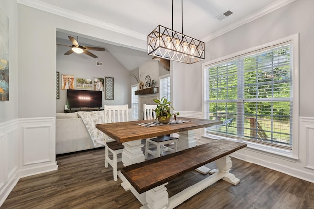 163 Bland Dr, Mount Juliet, TN 37122 - dining room featuring dark wood finished floors, lofted ceiling, ceiling fan, a wainscoted wall, and a decorative wall
