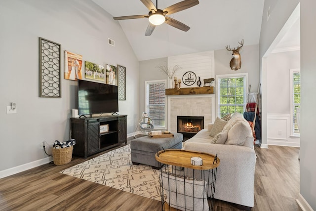 163 Bland Dr, Mount Juliet, TN 37122 - living area with ceiling fan, wood finished floors, a large fireplace, and high vaulted ceiling