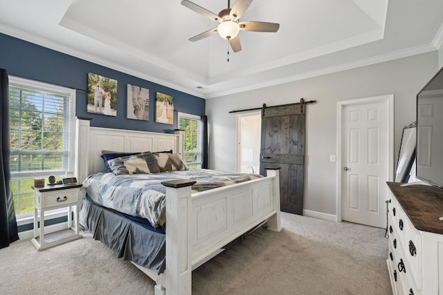 163 Bland Dr, Mount Juliet, TN 37122 - bedroom with a raised ceiling, a barn door, light colored carpet, ceiling fan, and crown molding