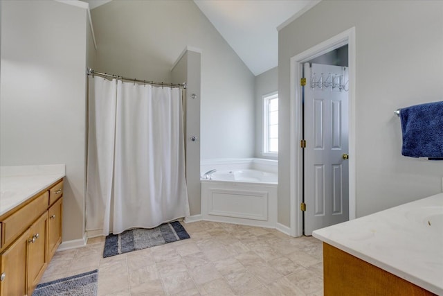 1301 Saybrook Xing, Thompsons Station, TN 37179 - full bathroom featuring vanity, lofted ceiling, a garden tub, and curtained shower