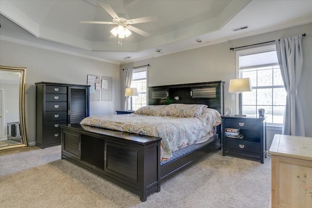 1301 Saybrook Xing, Thompsons Station, TN 37179 - bedroom with a tray ceiling, light colored carpet, ornamental molding, and a ceiling fan