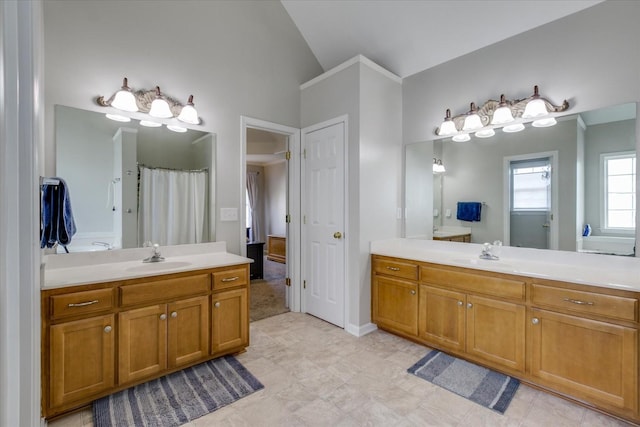 1301 Saybrook Xing, Thompsons Station, TN 37179 - full bath featuring vanity, high vaulted ceiling, and a shower with shower curtain