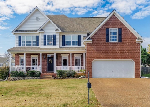 1301 Saybrook Xing, Thompsons Station, TN 37179 - view of front of property featuring concrete driveway, brick siding, a garage, a front lawn, and a porch
