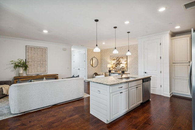 6000 Keats St Unit 202, Franklin, TN 37064 - kitchen featuring stainless steel dishwasher, ornamental molding, open floor plan, dark wood-type flooring, and a center island with sink