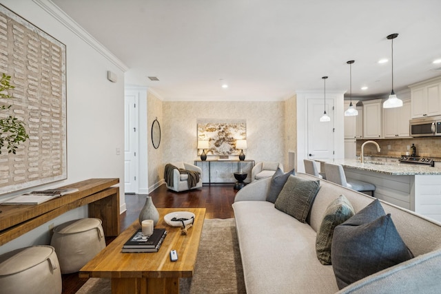 6000 Keats St Unit 202, Franklin, TN 37064 - living area with dark wood finished floors, ornamental molding, and recessed lighting