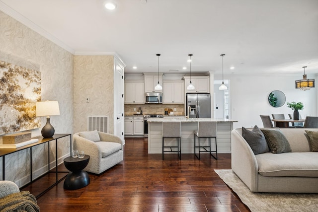 6000 Keats St Unit 202, Franklin, TN 37064 - living room featuring dark wood finished floors, recessed lighting, and ornamental molding