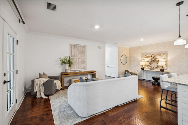 6000 Keats St Unit 202, Franklin, TN 37064 - living area featuring ornamental molding, dark wood finished floors, and recessed lighting
