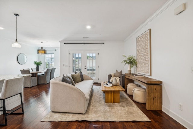 6000 Keats St Unit 202, Franklin, TN 37064 - living area featuring french doors, dark wood-style floors, ornamental molding, and recessed lighting