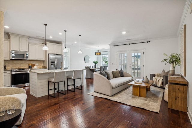 6000 Keats St Unit 202, Franklin, TN 37064 - living area featuring dark wood-style floors, recessed lighting, french doors, and crown molding