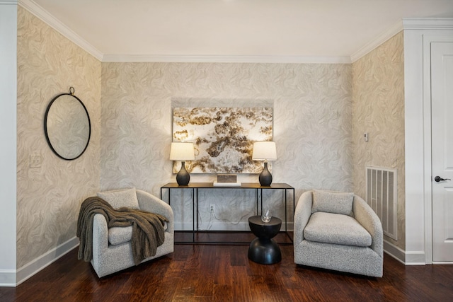6000 Keats St Unit 202, Franklin, TN 37064 - living area featuring wood finished floors, ornamental molding, and wallpapered walls