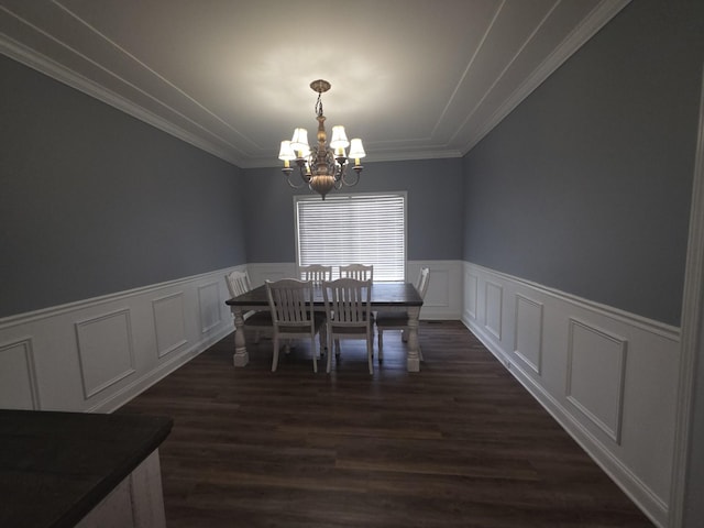 1215 Chapmans Retreat Dr, Spring Hill, TN 37174 - dining area featuring a chandelier, ornamental molding, dark wood-style flooring, a wainscoted wall, and a decorative wall