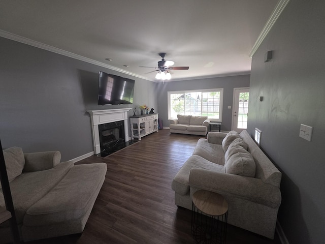 1215 Chapmans Retreat Dr, Spring Hill, TN 37174 - living area with crown molding, a ceiling fan, a fireplace, and dark wood-style floors