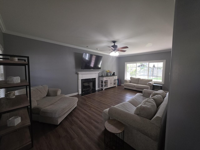 1215 Chapmans Retreat Dr, Spring Hill, TN 37174 - living area with ceiling fan, ornamental molding, a high end fireplace, and dark wood-type flooring