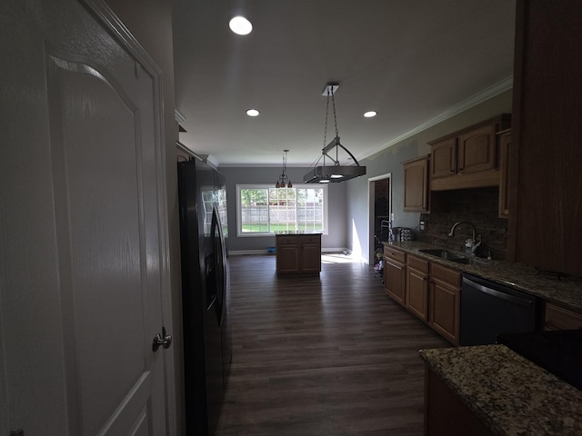 1215 Chapmans Retreat Dr, Spring Hill, TN 37174 - kitchen featuring fridge with ice dispenser, dishwasher, ornamental molding, dark wood-style flooring, and decorative backsplash