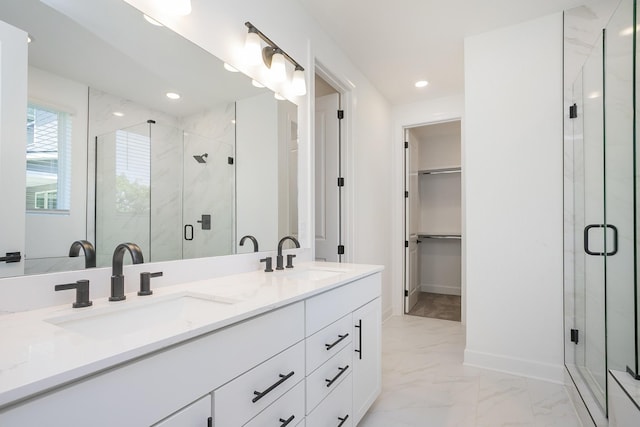 137 W Cassa Way, Mount Juliet, TN 37122 - bathroom with marble finish floors, double vanity, a marble finish shower, a spacious closet, and recessed lighting