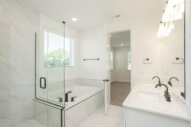 137 W Cassa Way, Mount Juliet, TN 37122 - bathroom featuring a garden tub, a marble finish shower, double vanity, and marble finish floors