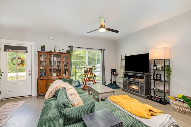 252 Caroline Dr Unit A, Murfreesboro, TN 37128 - living area with ceiling fan, wood finished floors, and a glass covered fireplace
