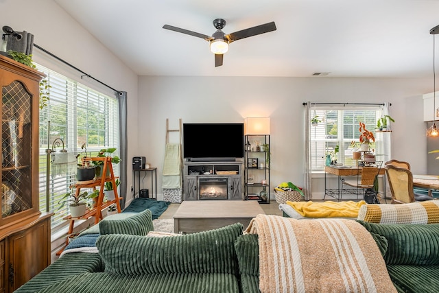 252 Caroline Dr Unit A, Murfreesboro, TN 37128 - living room with healthy amount of natural light, a ceiling fan, and a lit fireplace
