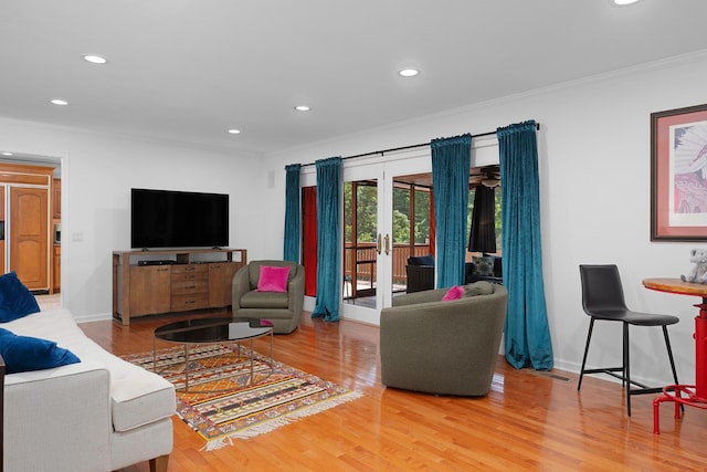 3351 Oak Burr Dr, Chattanooga, TN 37419 - living room with crown molding, recessed lighting, french doors, and wood finished floors