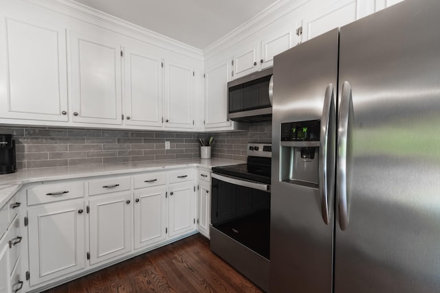 818 W Clark Blvd, Murfreesboro, TN 37129 - kitchen featuring appliances with stainless steel finishes, white cabinetry, tasteful backsplash, dark wood finished floors, and ornamental molding