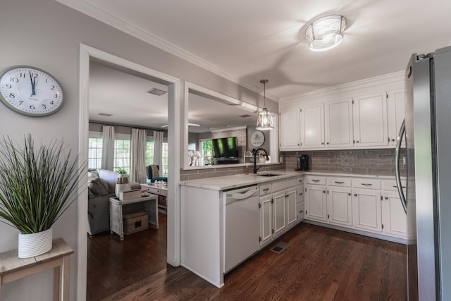 818 W Clark Blvd, Murfreesboro, TN 37129 - kitchen featuring freestanding refrigerator, dishwasher, tasteful backsplash, white cabinetry, and ornamental molding