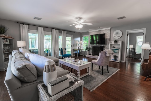 818 W Clark Blvd, Murfreesboro, TN 37129 - living room featuring ceiling fan, dark wood-type flooring, and a large fireplace