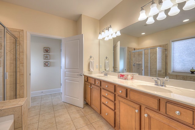 154 Salient Ln, Mount Juliet, TN 37122 - bathroom with tile patterned floors, a stall shower, double vanity, a chandelier, and a tub