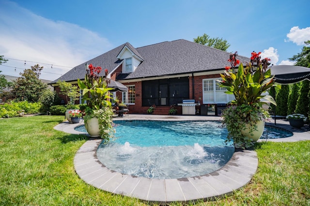1515 Bradberry Dr, Murfreesboro, TN 37130 - swimming pool with a patio area, a lawn, and a sunroom