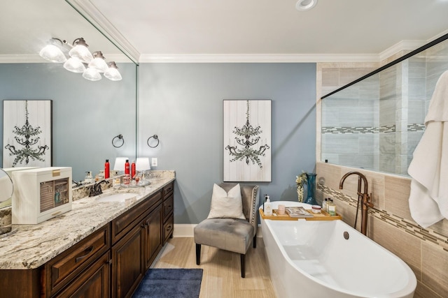 1300 Stovall Ln, Mount Juliet, TN 37122 - full bath with a soaking tub, vanity, crown molding, tiled shower, and wood finished floors
