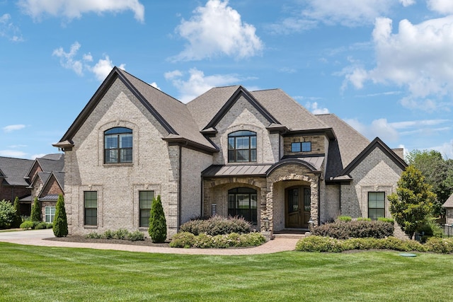 1300 Stovall Ln, Mount Juliet, TN 37122 - french country inspired facade with a front yard, brick siding, a shingled roof, and a standing seam roof