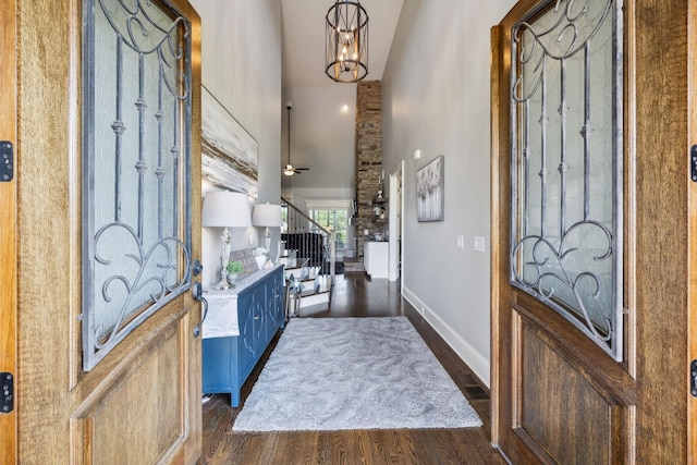 1300 Stovall Ln, Mount Juliet, TN 37122 - entrance foyer featuring dark wood-style floors, stairway, a chandelier, and ceiling fan