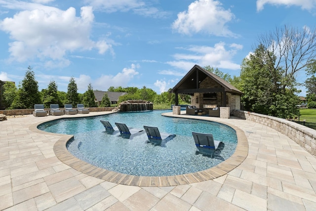 1300 Stovall Ln, Mount Juliet, TN 37122 - outdoor pool featuring an outdoor living space with a fireplace, a patio area, and a gazebo