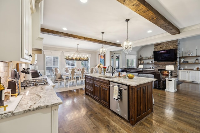 1300 Stovall Ln, Mount Juliet, TN 37122 - kitchen with stainless steel appliances, a fireplace, a chandelier, beamed ceiling, and dark brown cabinetry