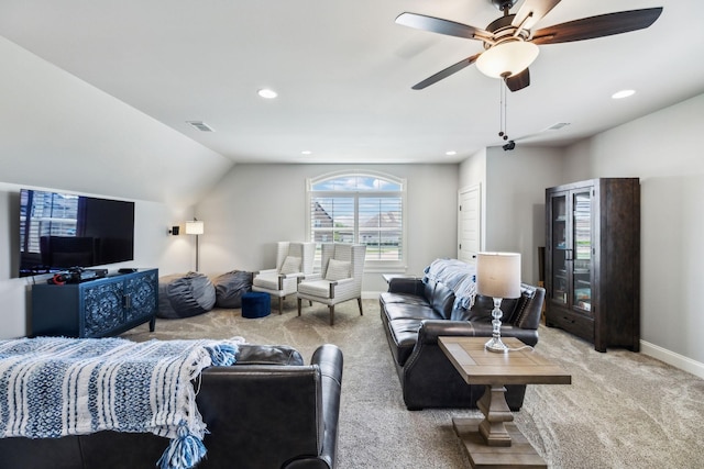 1300 Stovall Ln, Mount Juliet, TN 37122 - living area with light colored carpet, ceiling fan, recessed lighting, and lofted ceiling