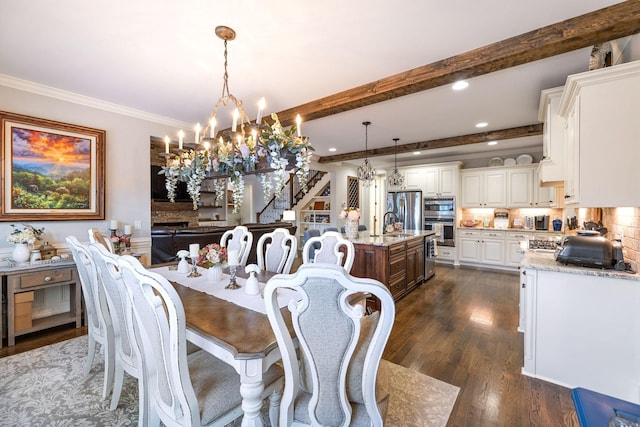 1300 Stovall Ln, Mount Juliet, TN 37122 - dining space featuring a chandelier, stairs, dark wood finished floors, crown molding, and recessed lighting